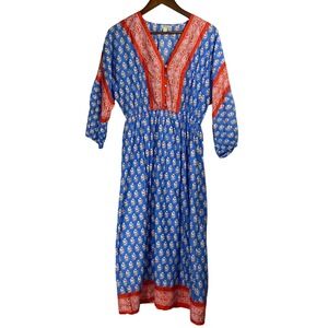 J. Crew V-Neck Classic Midi Cover-Up Dress Sz XS Blue Floral Print‎ Boho Beach